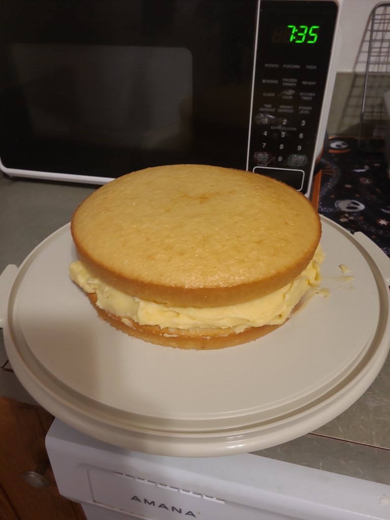 A Boston Cream Pie consisting of two layers of cake and a layer of pudding in the middle. This cake does not have the chocolate ganache on top as it will be added later.